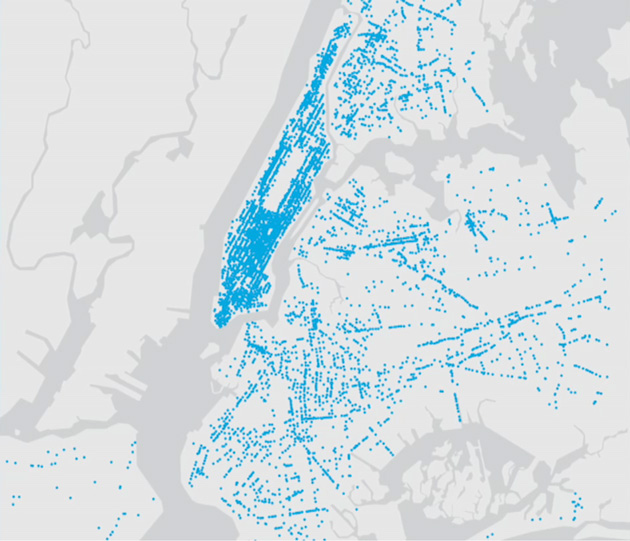 A map of the 1,815 LinkNYC Kiosk located in New York City from May 2019. Image credit: Gloria Pazmino. https://www.ny1.com/nyc/all-boroughs/politics/2019/05/09/linknyc-kiosks-surveillance-questions-about-cameras-recording-kiosks-also-losing-money 