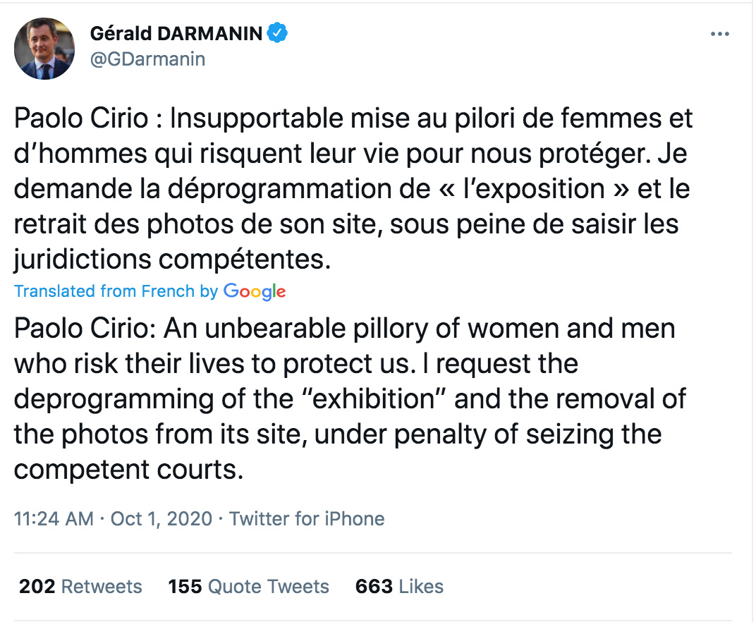 Tweet from Gerald Darmanin on Oct, 1, 2020 after the project, Capture, was published
Image taken from twitter.com 